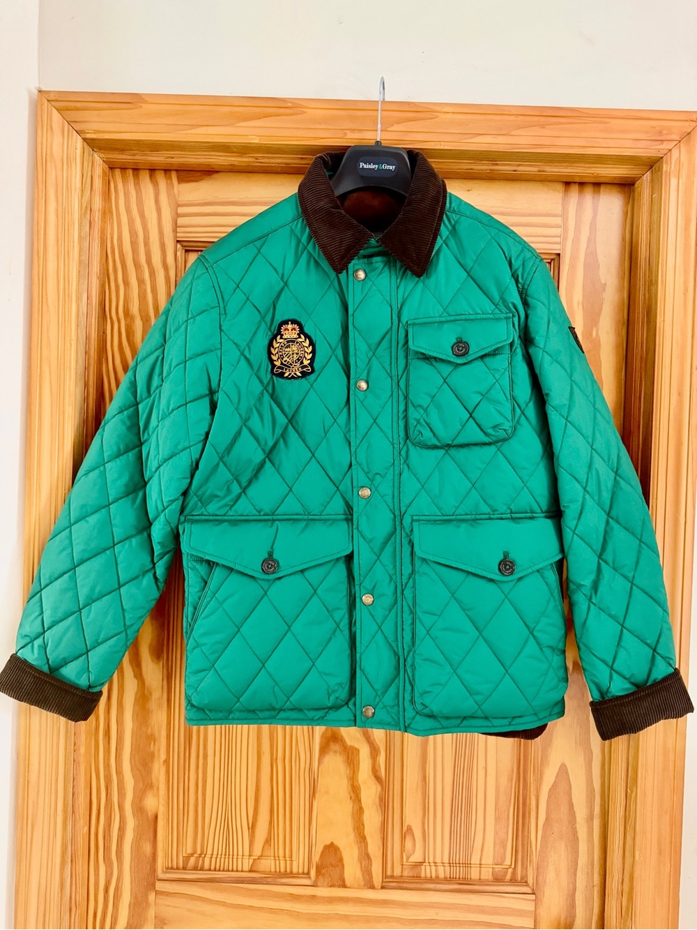 Polo by Ralph Lauren Emerald Green Quilted Jacket with Brown Corduroy Collar
